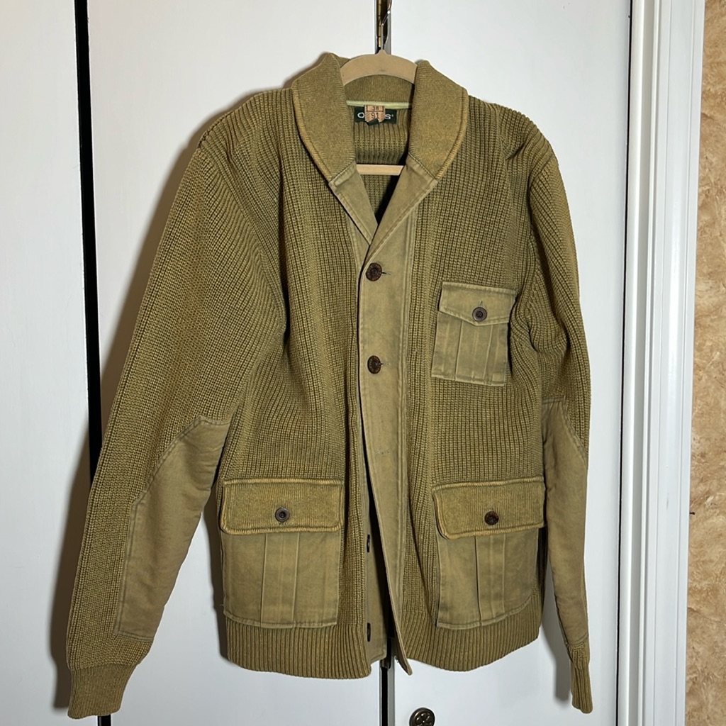 New Orvis Hocker, Heavy, Ribbed, Cotton Shawl Collar Cardigan With Elbow Patches